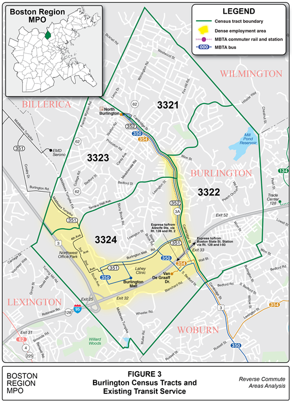 Burlington Census Tracts and Existing Transit Service
This figure is a map of Burlington showing census tract boundaries, dense areas of employment, and existing transit service.
Burlington Census Tracts and Existing Transit Service
This figure is a map of Burlington showing census tract boundaries, dense areas of employment, and existing transit service.
